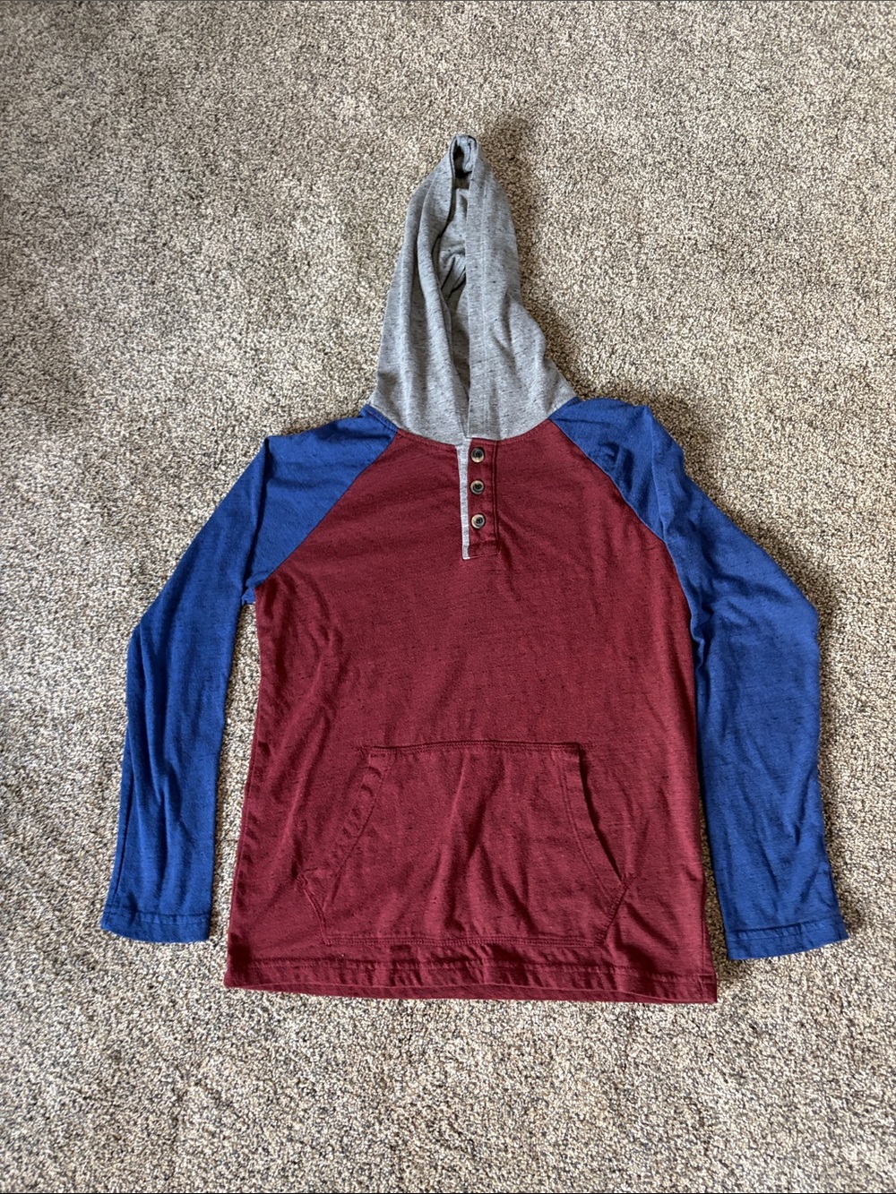 Old Navy Boys' Hooded Henley - Burgundy, Blue & Gray Size L 10/12